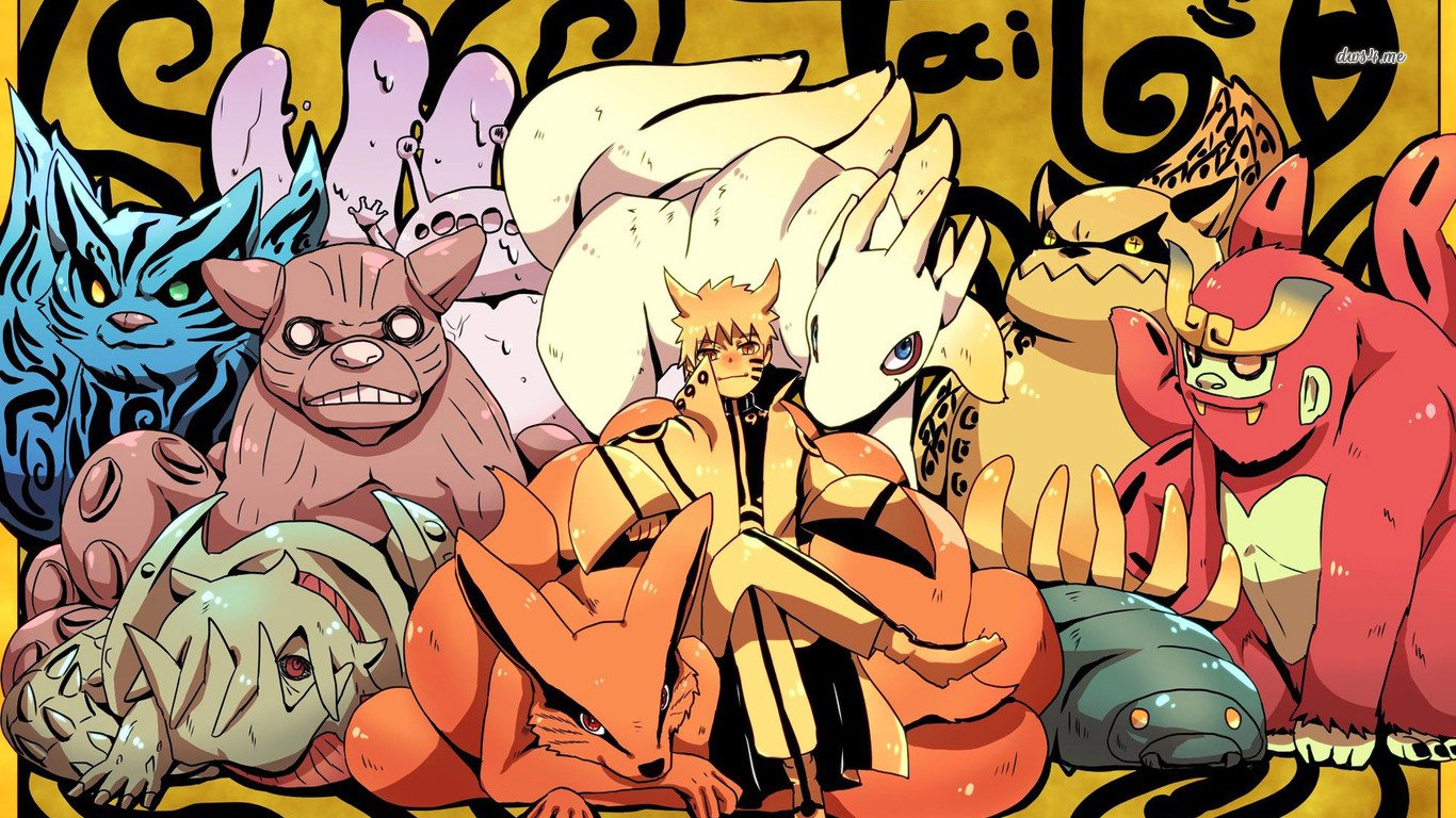 Naruto Uzumaki sits confidently surrounded by the Bijû from the anime Naruto, showcasing the powerful tailed beasts with vibrant colors and dynamic poses against a bright background.