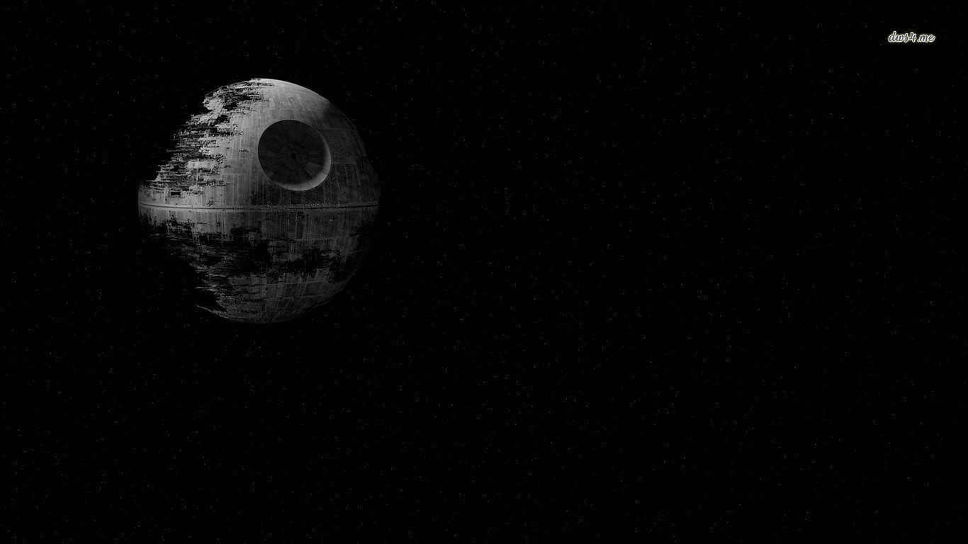 A detailed depiction of the Death Star from Star Wars, set against a starry black background, showcasing its iconic structure and menacing presence in the galaxy.