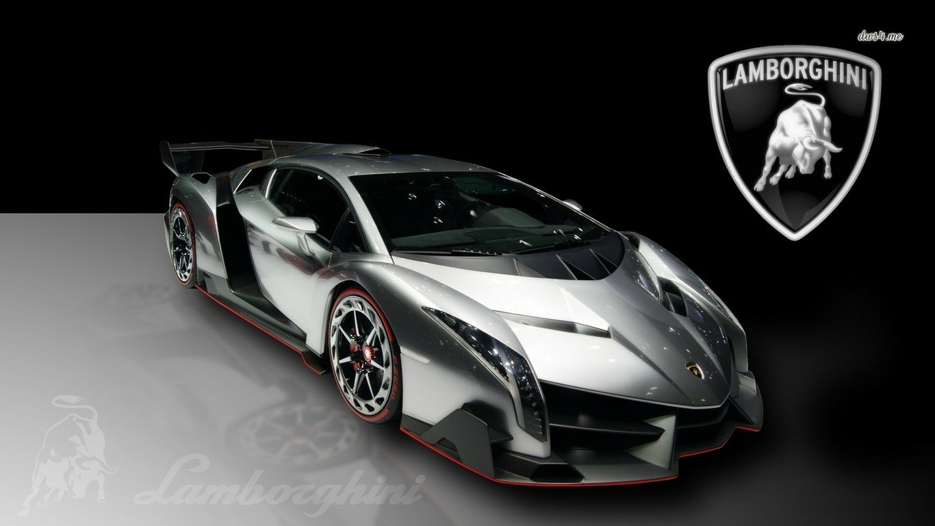 A sleek Lamborghini Veneno in silver displays its sharp lines and aggressive design, set against a minimalist background with the iconic Lamborghini logo.