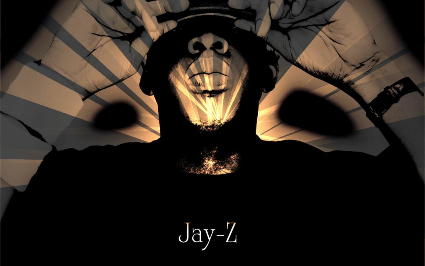 A stylized, shadowy image of Jay-Z with dramatic lighting and bold shadows, highlighting his face and hands against a dark background.