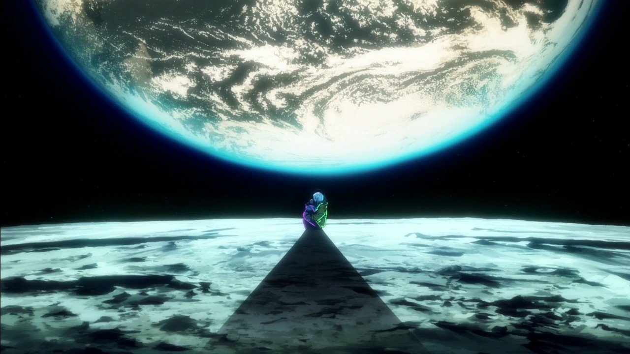 Anime image from Cyberpunk: Edgerunners — a lone cybernetic figure sits on a triangular platform on a moon-like surface as Earth looms large overhead.