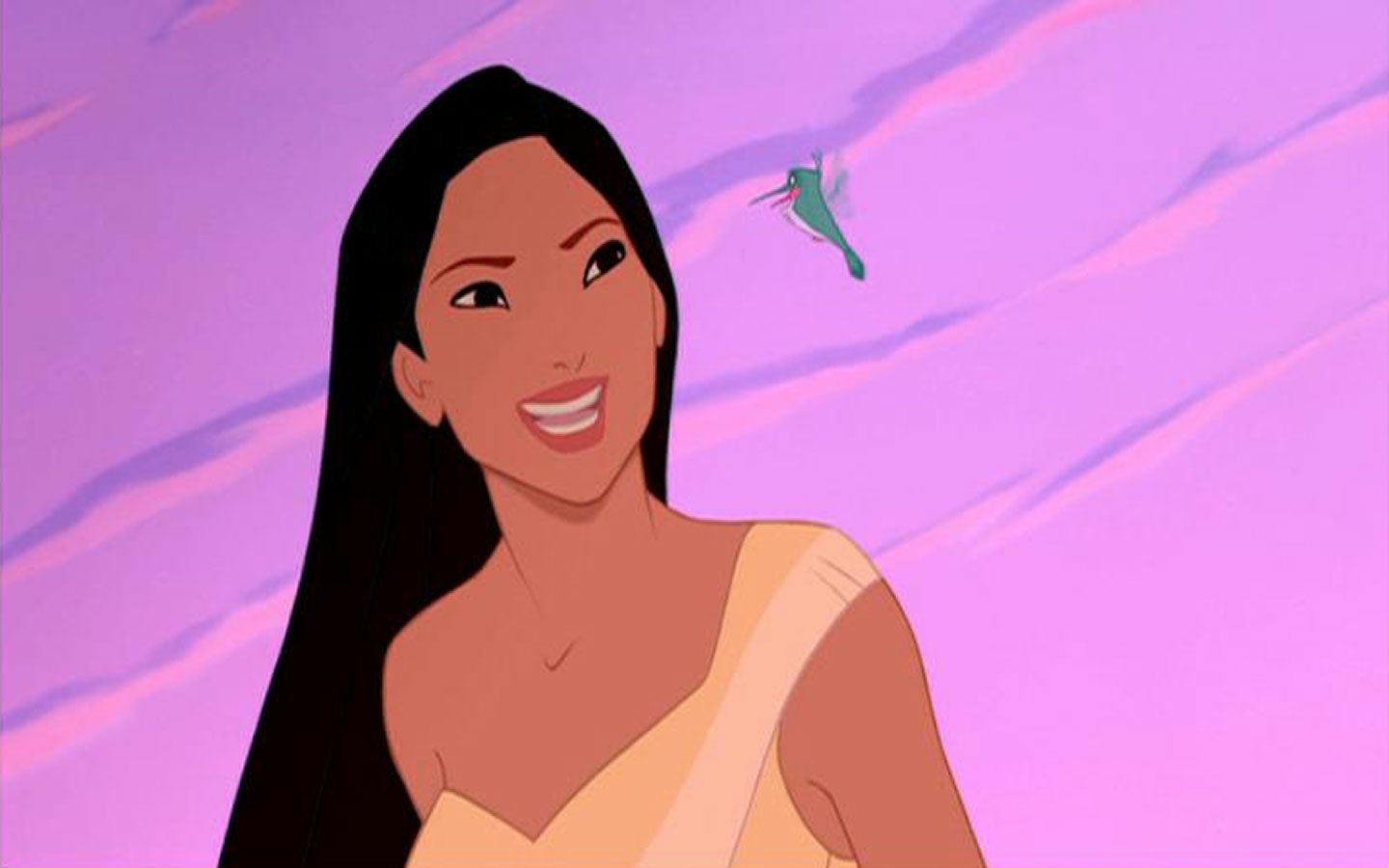 A smiling Pocahontas appears with long, flowing hair, accompanied by a grasshopper against a softly colored background, capturing a moment from the animated movie Pocahontas.