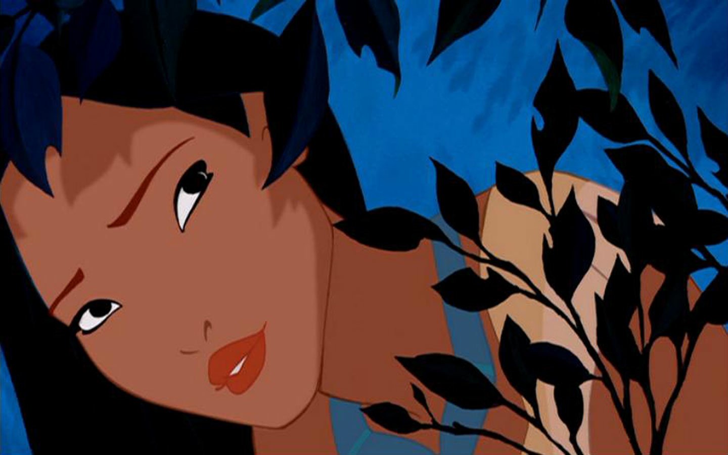 Pocahontas gazes thoughtfully through a backdrop of leaves, capturing the essence of her adventurous spirit in this animated movie scene.