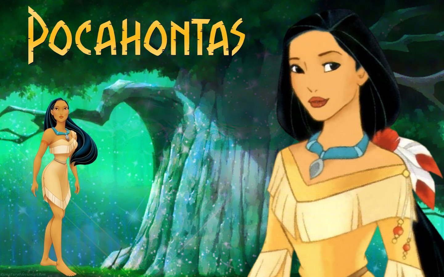 Animated image featuring Pocahontas standing in a lush forest, showcasing her iconic look with a blue necklace and vibrant surroundings, celebrating the movie Pocahontas.