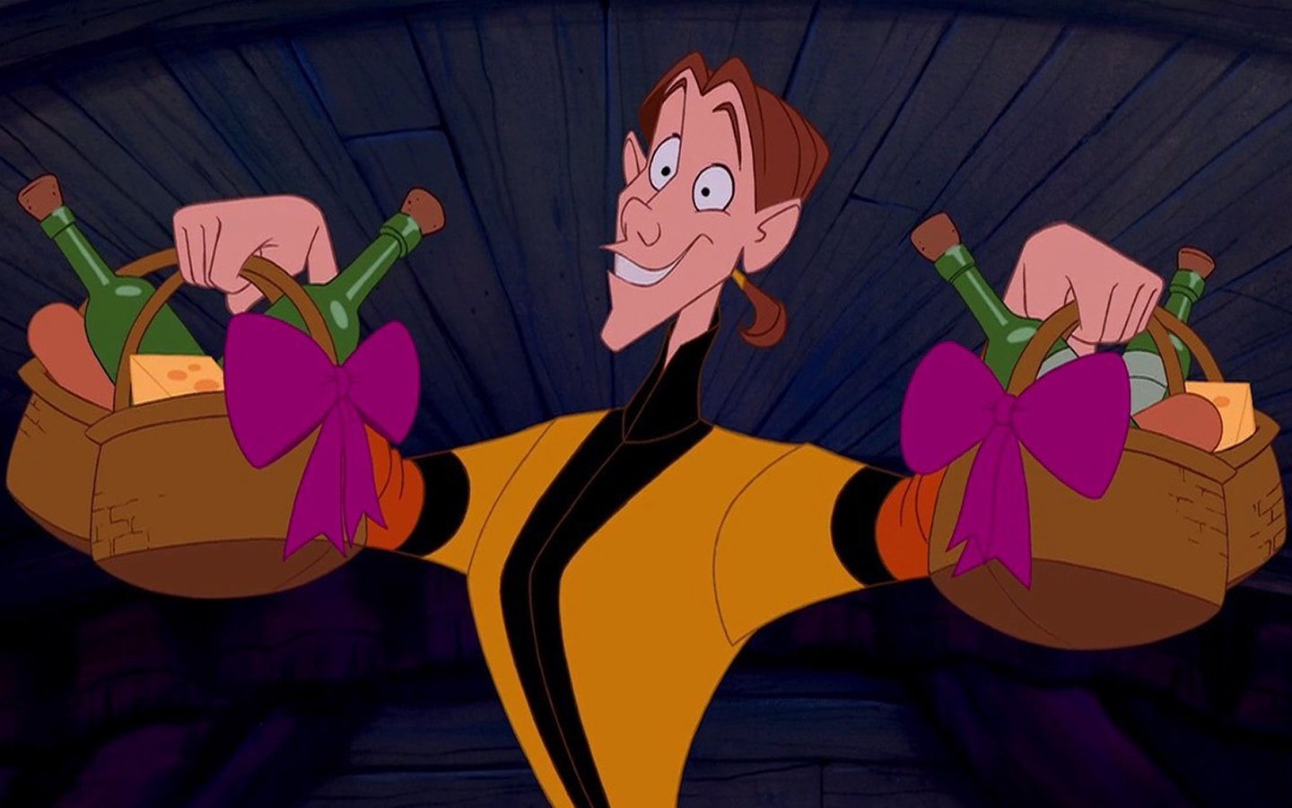 A character from the movie *Pocahontas* grins while holding two baskets filled with bottles, each adorned with a pink bow, in a colorful and whimsical setting.