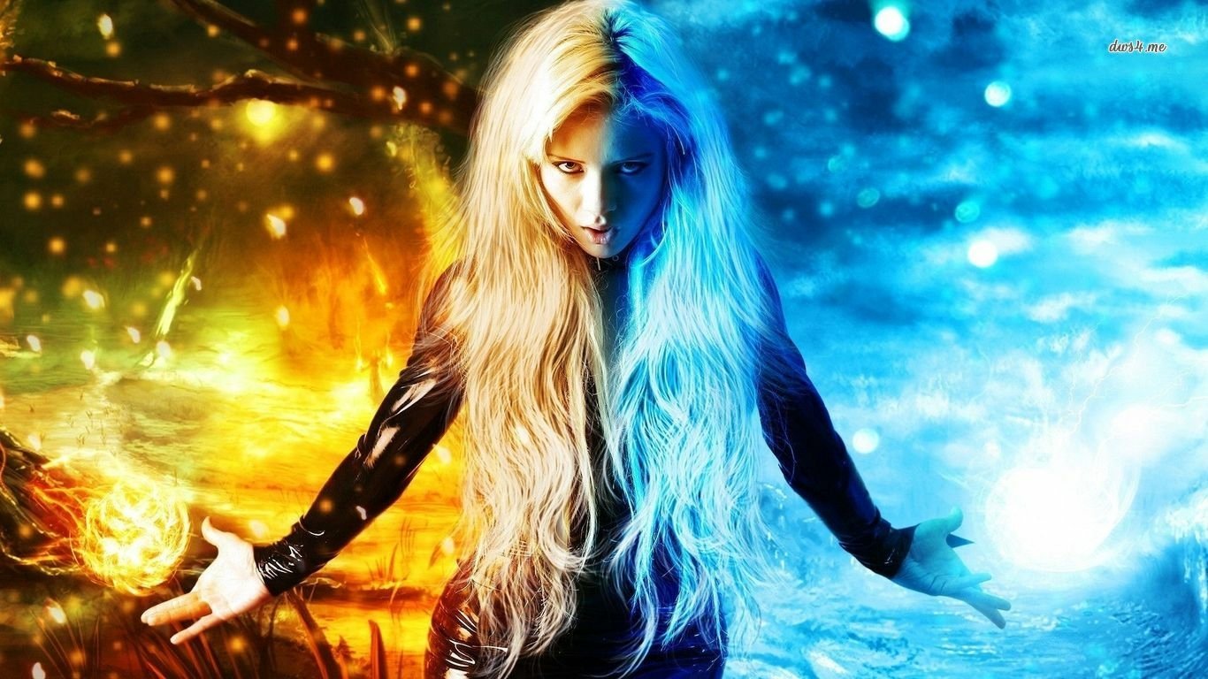 A fantasy scene featuring a woman with long, flowing hair, poised dramatically between vibrant flames and icy blue elements, embodying the balance of fire and water.