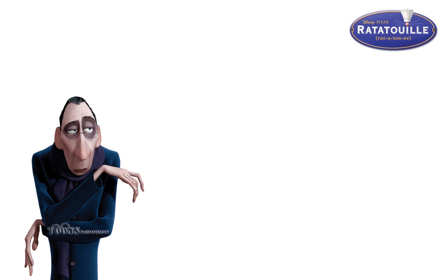 A stylized character from the movie Ratatouille stands confidently, showcasing the film's unique animation style alongside the iconic Ratatouille logo.