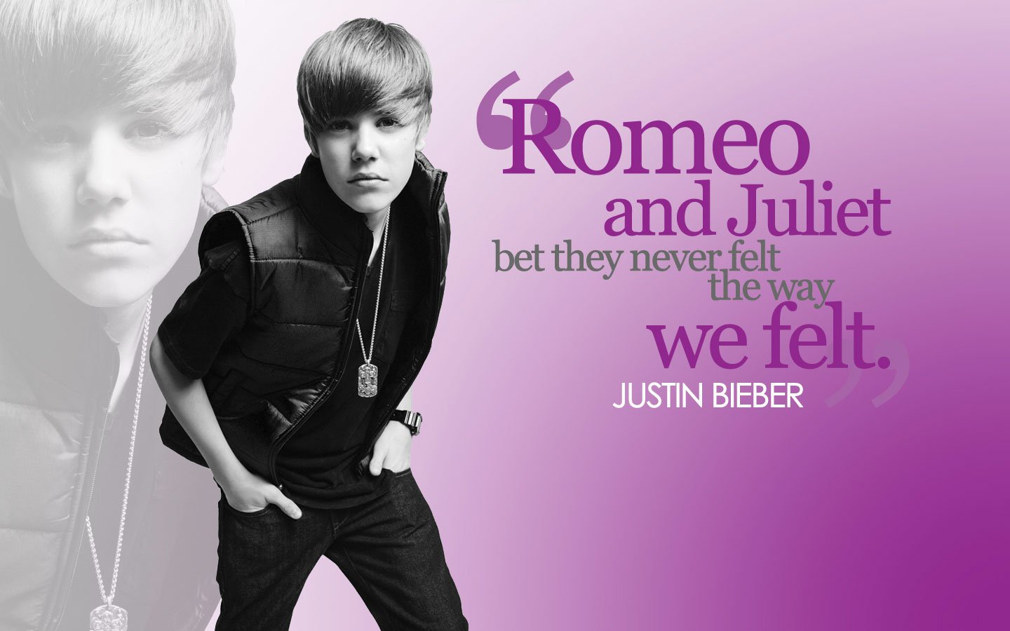 A stylish image of Justin Bieber with a quote about love, referencing Romeo and Juliet, set against a vibrant purple background.