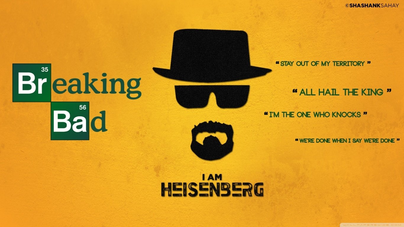A stylized image featuring Walter White from the TV show Breaking Bad. Heisenberg's iconic silhouette is accompanied by memorable quotes from the series against a yellow background.