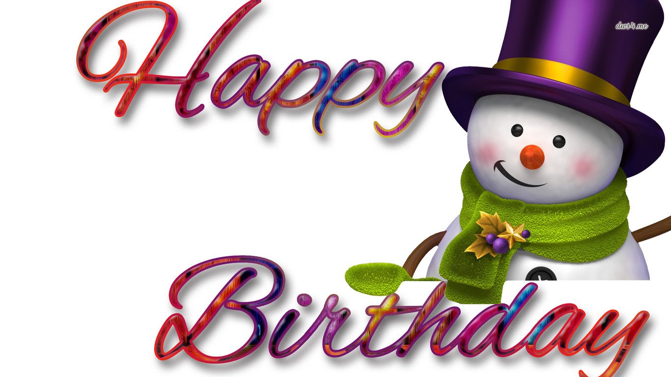 A colorful snowman in a purple hat and green scarf smiles beside the cheerful message Happy Birthday, celebrating the joy of holiday festivities.