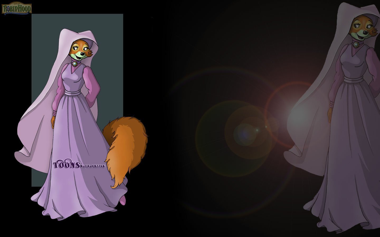 Animated female fox character from the 1973 Robin Hood movie, dressed in a flowing purple gown and veil.