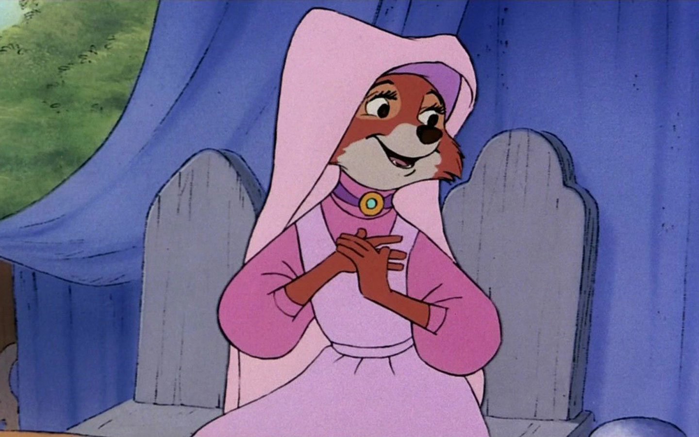 Animated character Maid Marian from the 1973 Robin Hood movie, dressed in a pink hooded dress, smiling warmly while seated.