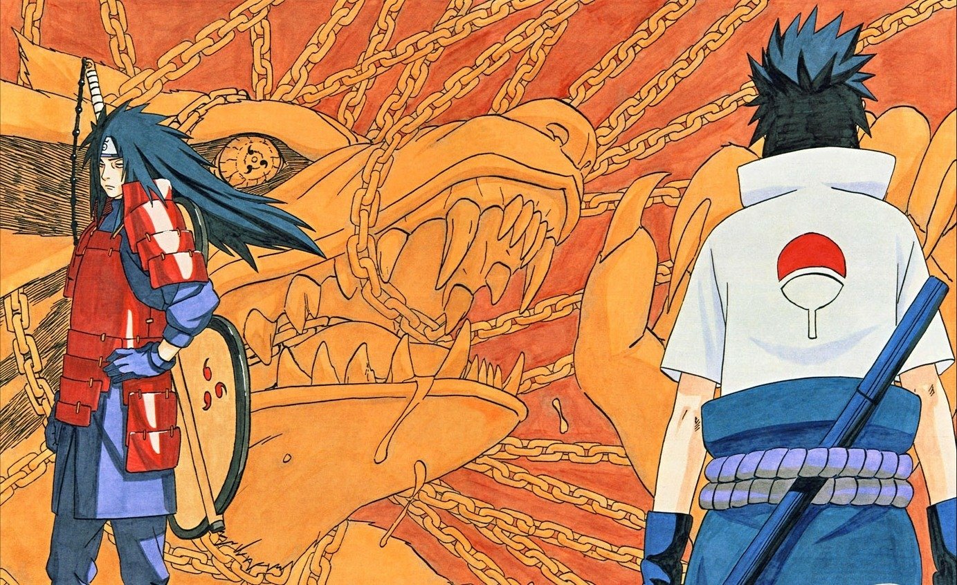 Sasuke Uchiha stands facing Madara Uchiha against a dramatic backdrop featuring a chained dragon, capturing the intensity of their rivalry in the Naruto anime.