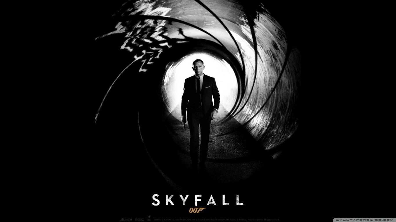 Daniel Craig as James Bond is centered inside a gun barrel design in the black-and-white movie poster for Skyfall.