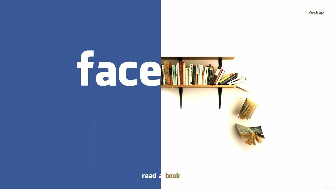 A split design featuring the word face in Facebook's blue, juxtaposed with a bookshelf and a floating book, highlights the theme of connecting technology and reading.