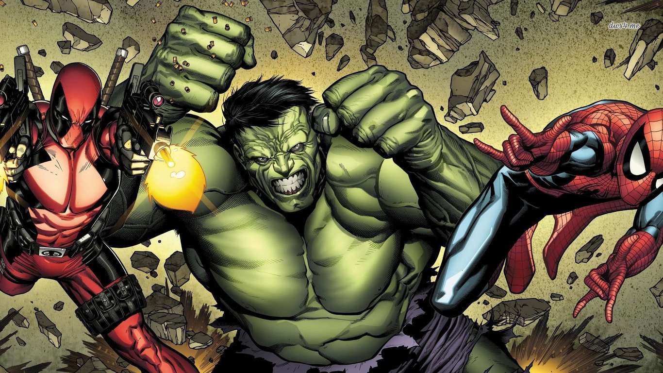 The image features the Hulk, showcased in vibrant comic style, clashing with Deadpool and Spider-Man against a backdrop of explosive debris.