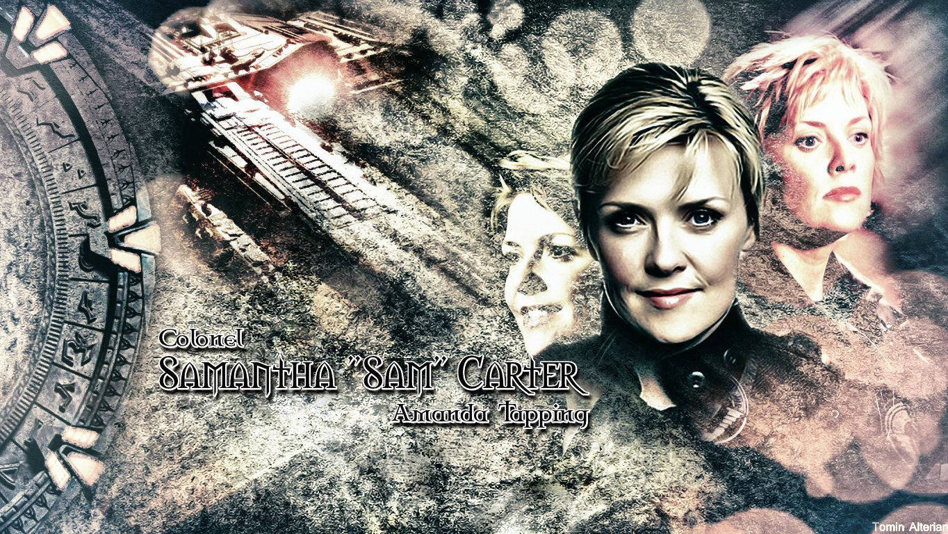 A digital artwork featuring Samantha Carter, portrayed by Amanda Tapping, from the TV show Stargate SG-1. The background includes elements from the Stargate universe.