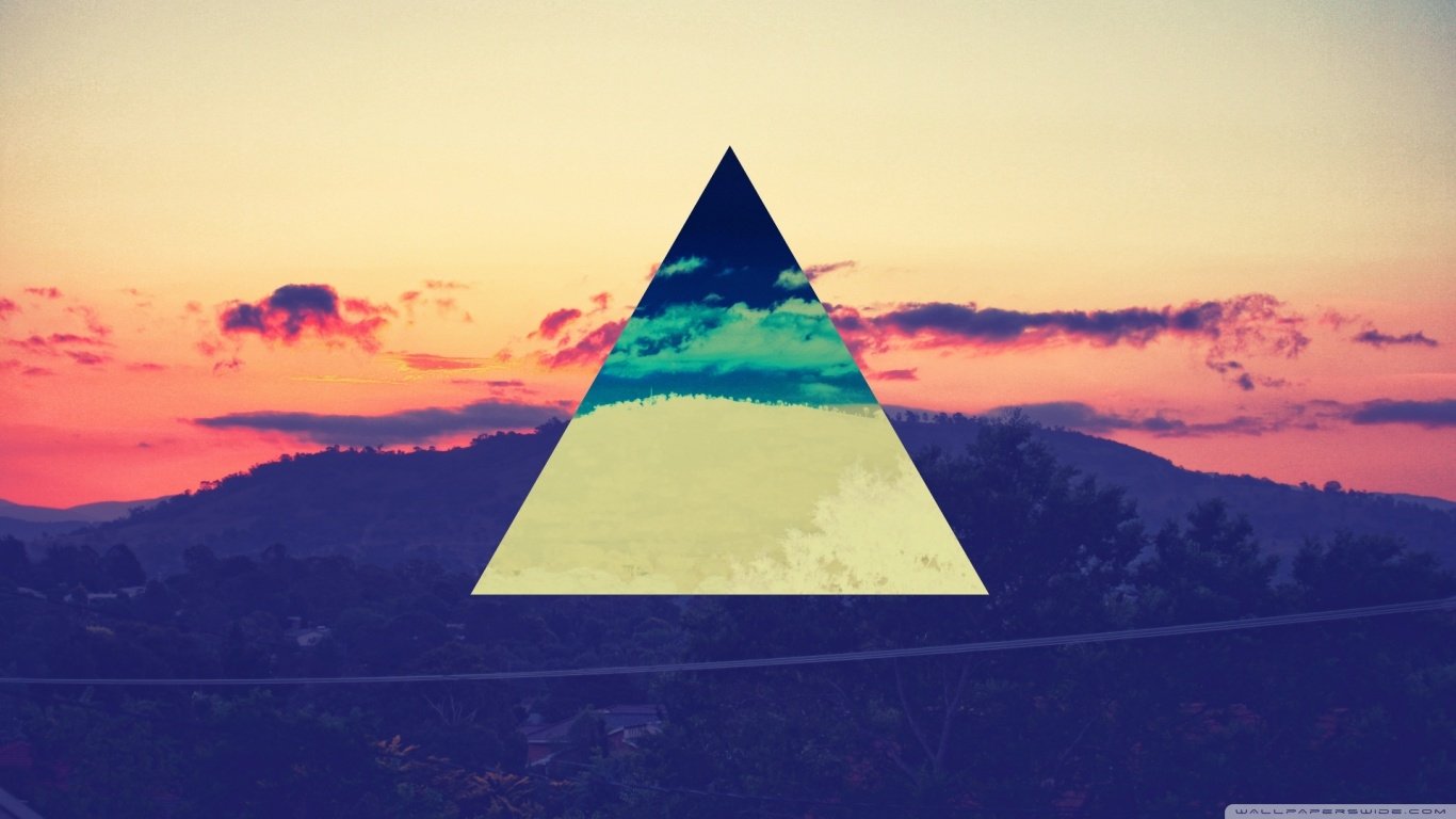Abstract image featuring a triangle overlay with a sky and landscape scene inside, set against a colorful sunset background.