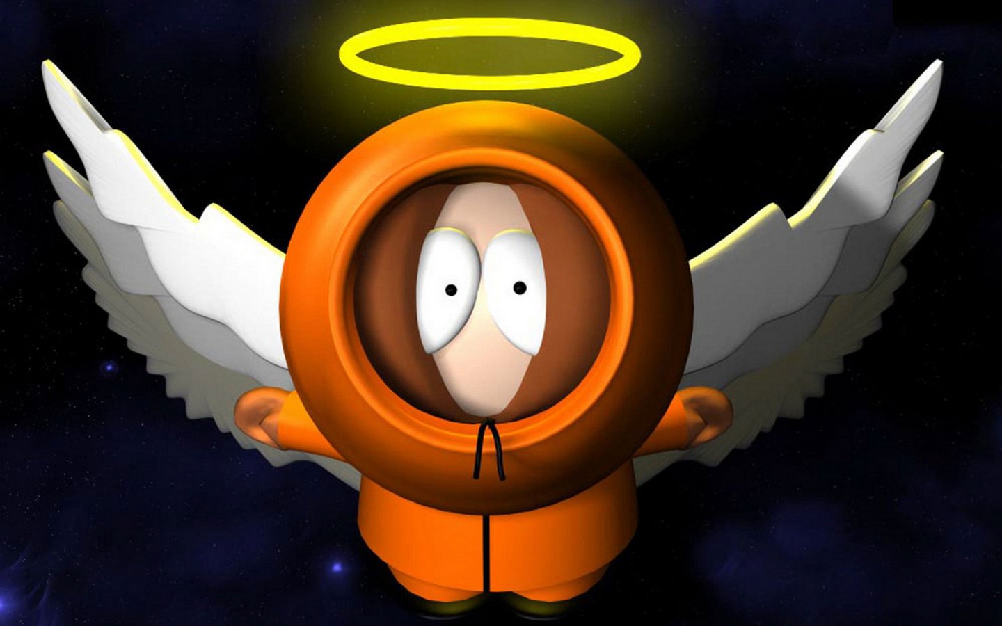 Kenny McCormick, depicted as an angel with a halo and wings, floats in a cosmic background. This character is from the TV show South Park.