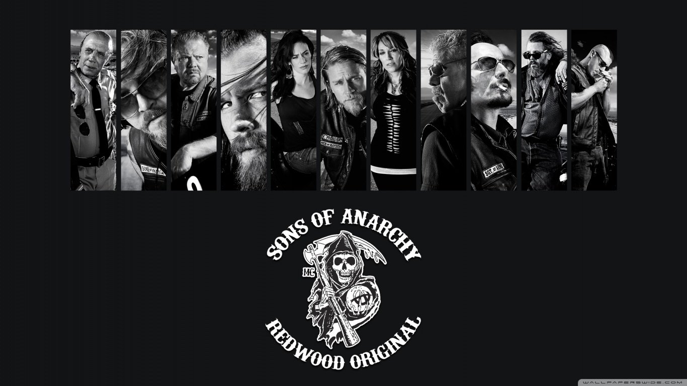 A collage of black and white images featuring characters from the TV show Sons of Anarchy, accompanied by the show's logo, showcasing the intensity and camaraderie of the series.
