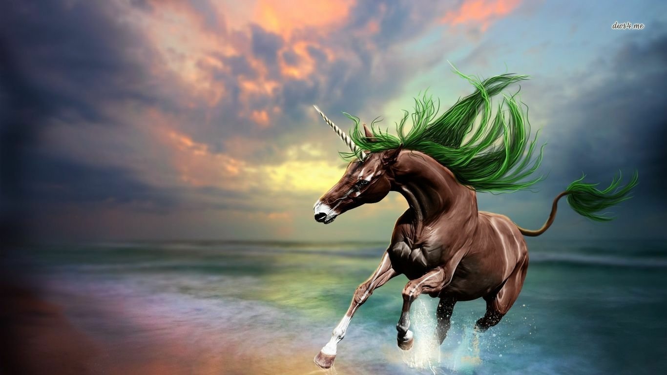 A majestic unicorn with vibrant green mane gallops through shimmering waves under a dramatic, colorful sky, embodying a captivating fantasy world.