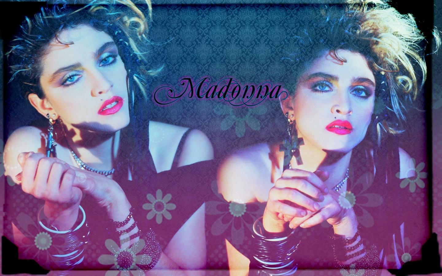 Portrait of Madonna in vibrant 1980s style, showcasing her iconic makeup and accessories, set against a floral patterned background with her name in elegant script.