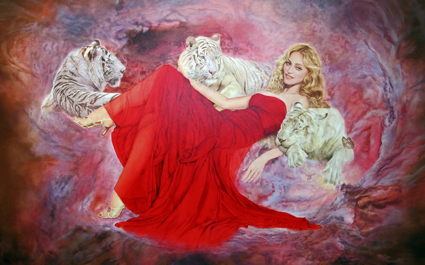 Madonna lounges in a flowing red dress surrounded by three white tigers against a vibrant, artistic background symbolizing strength and music.