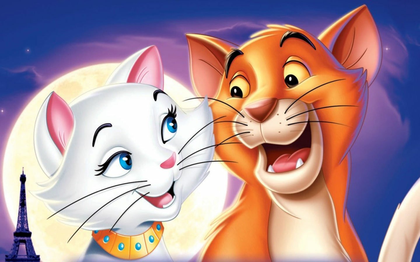 Two animated cats from the movie The Aristocats are shown smiling against a moonlit sky with the Eiffel Tower in the background.