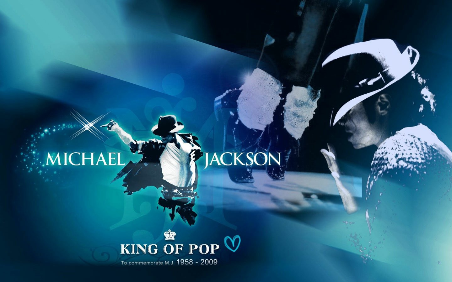 A vibrant tribute to Michael Jackson, the King of Pop, showcasing his iconic image and musical legacy against a blue background filled with dynamic elements.