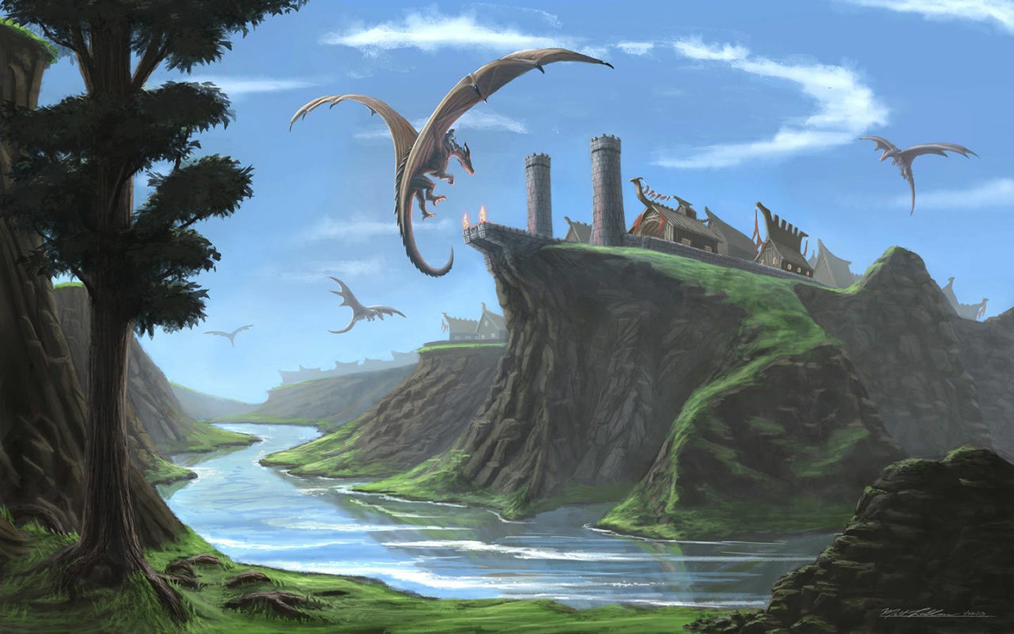 A scenic fantasy landscape features majestic dragons soaring above a castle on a cliff, with a serene river winding through lush greenery.