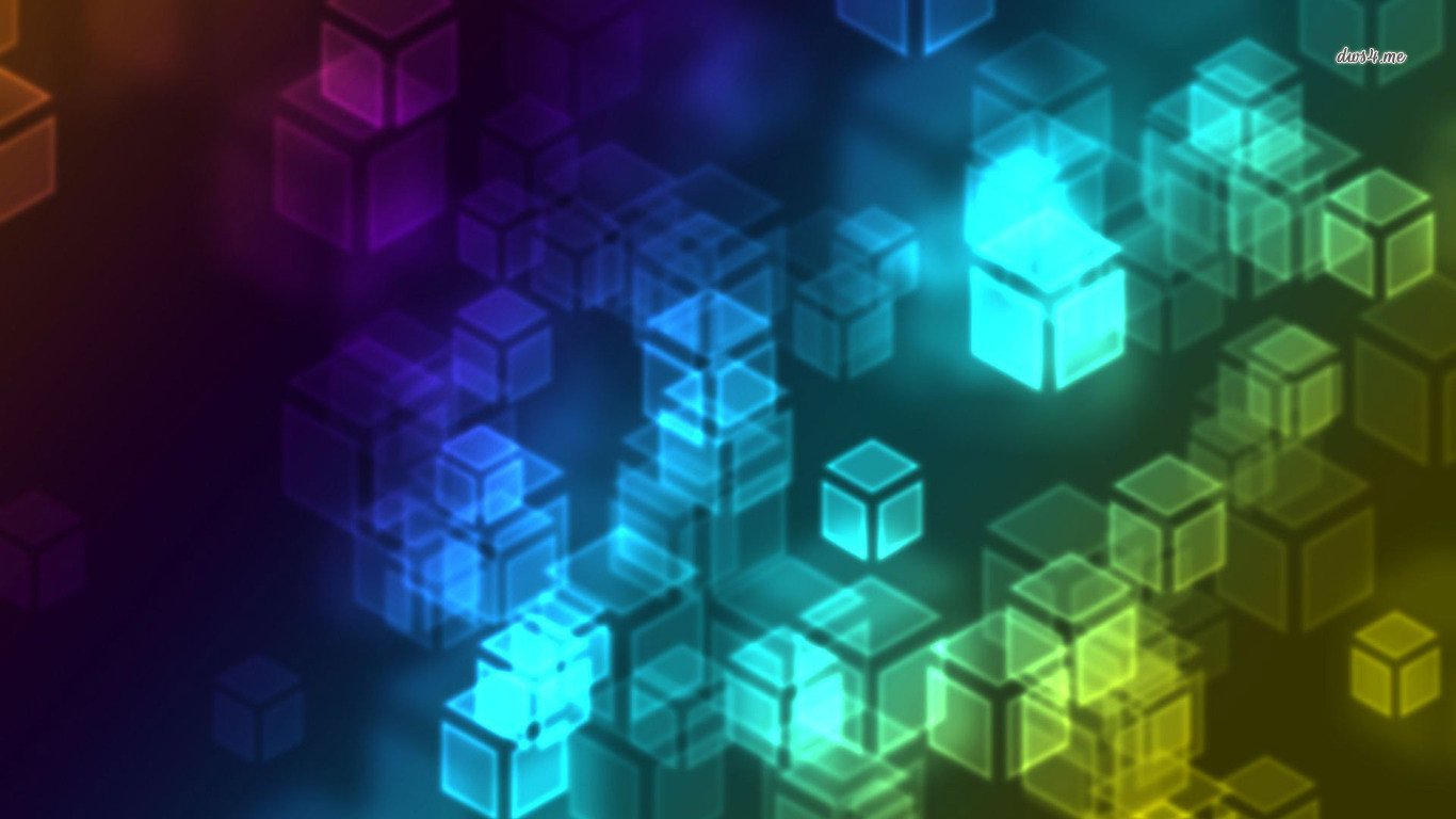 Abstract arrangement of translucent glowing cubes in blue, teal, green, purple, and yellow on a dark gradient background.
