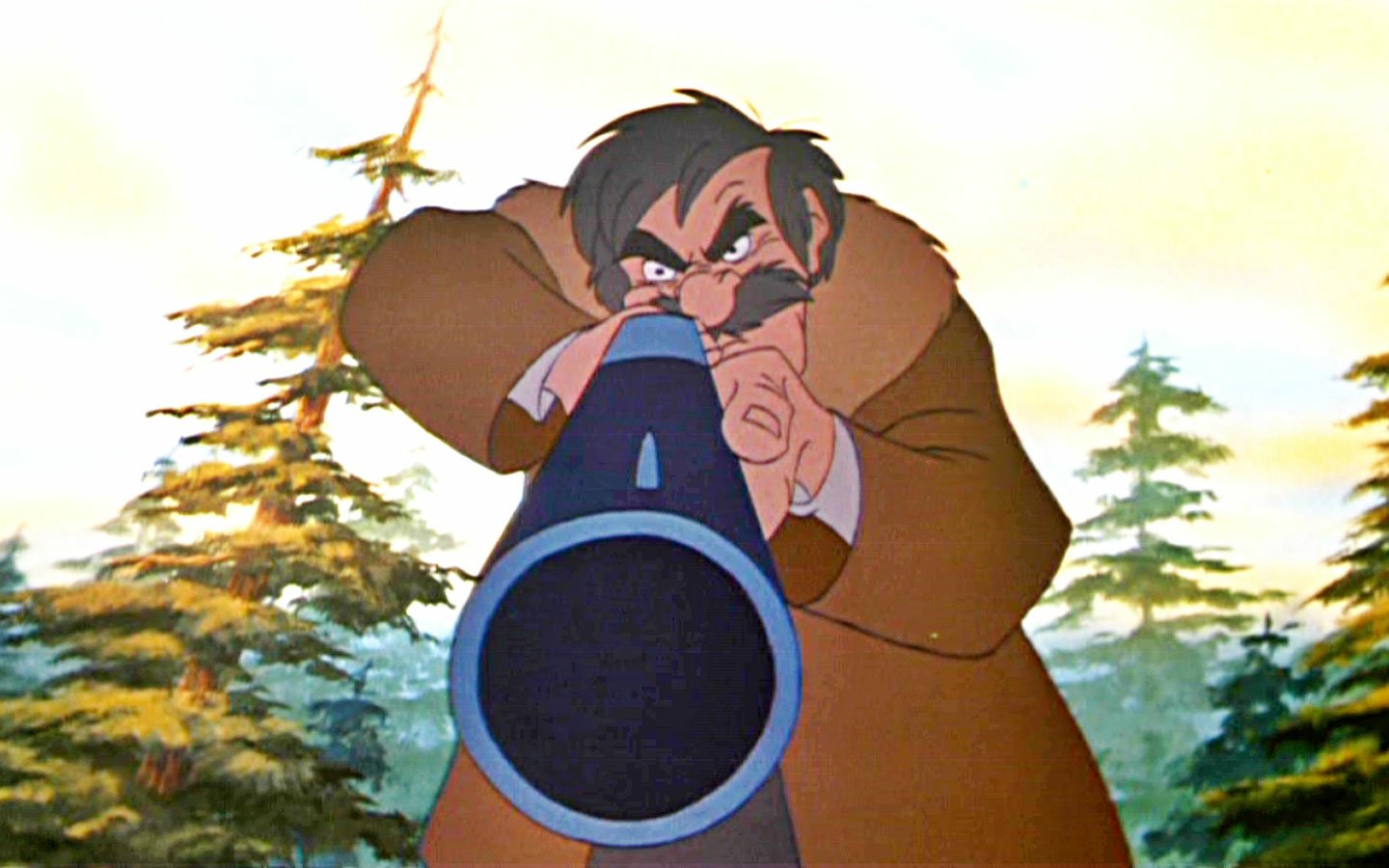 Amos Slade from The Fox and the Hound aims a shotgun directly at the viewer amid pine trees.