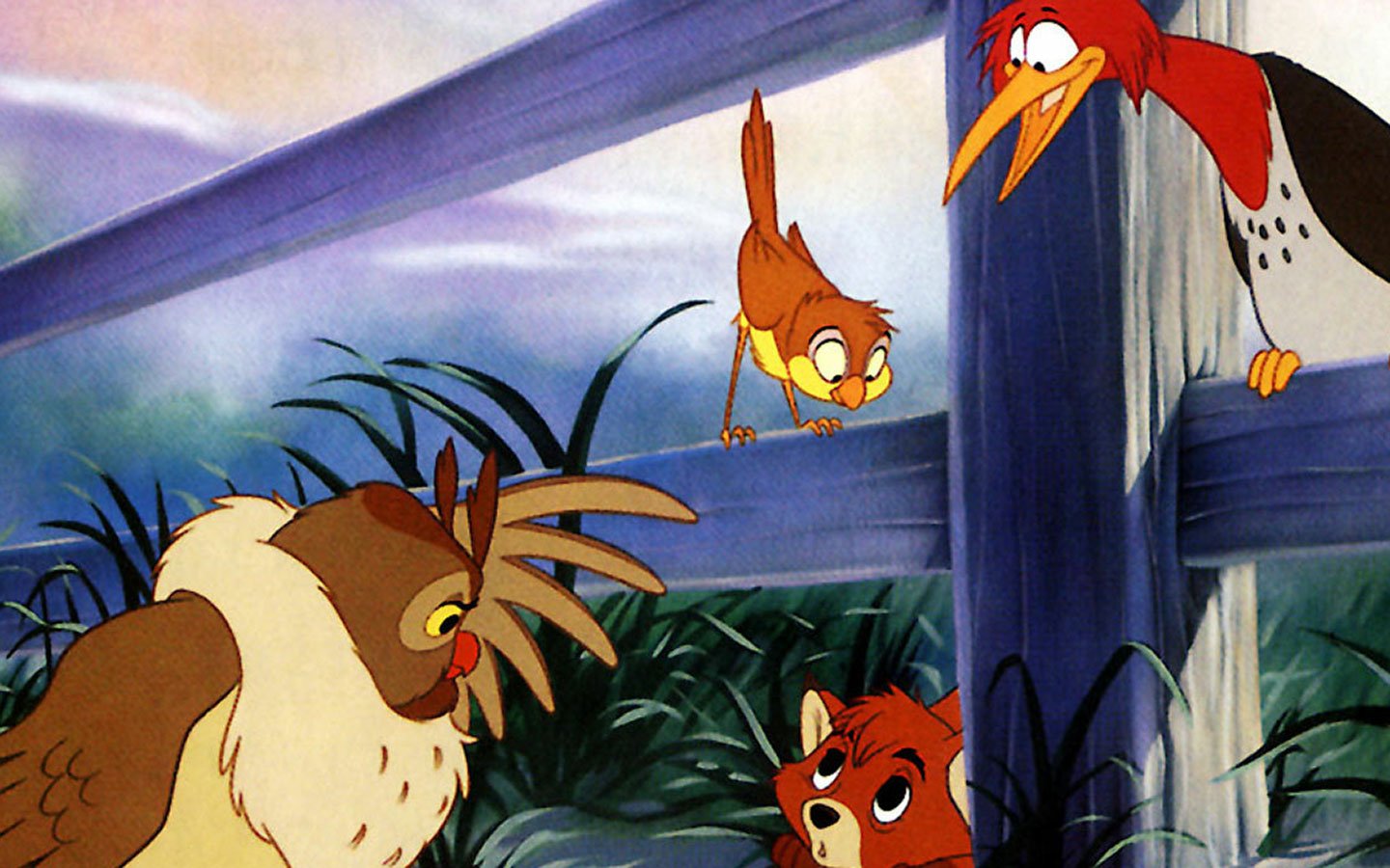 Scene from the movie The Fox and the Hound showing a fox and several birds interacting near a wooden fence in a colorful forest setting.