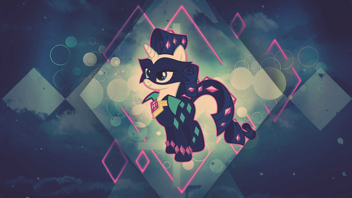 Rarity from My Little Pony: Friendship Is Magic is depicted in a dark, geometric background wearing a stylish black mask and cape, embodying a mysterious, elegant look.