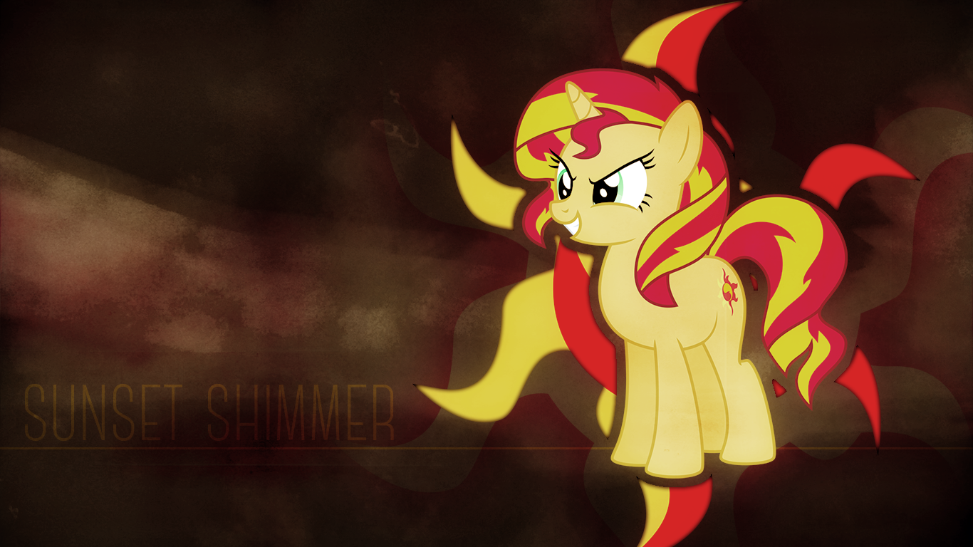Sunset Shimmer from the TV show My Little Pony: Friendship Is Magic stands confidently with a fiery background.
