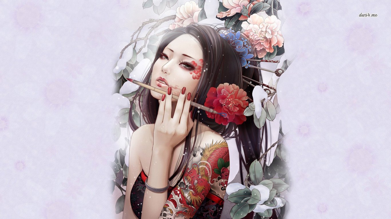 Artistic portrayal of a geisha with intricate floral tattoos and vibrant flowers woven into her dark hair, set against a soft, pastel background.