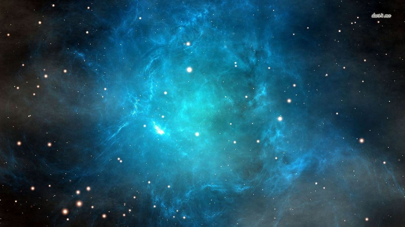 Sci-fi nebula: glowing turquoise-blue gas cloud with wisps of dark dust and scattered bright stars against the blackness of deep space.