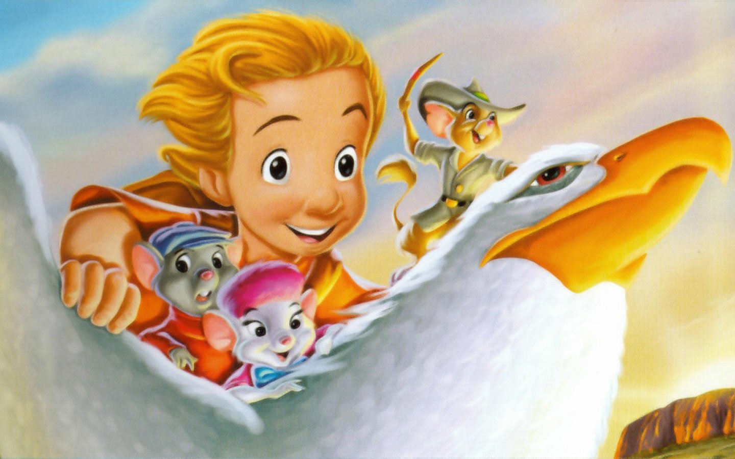 Cody with the Rescuers — Bernard and Miss Bianca — flying on the albatross in a bright scene from the movie The Rescuers Down Under.