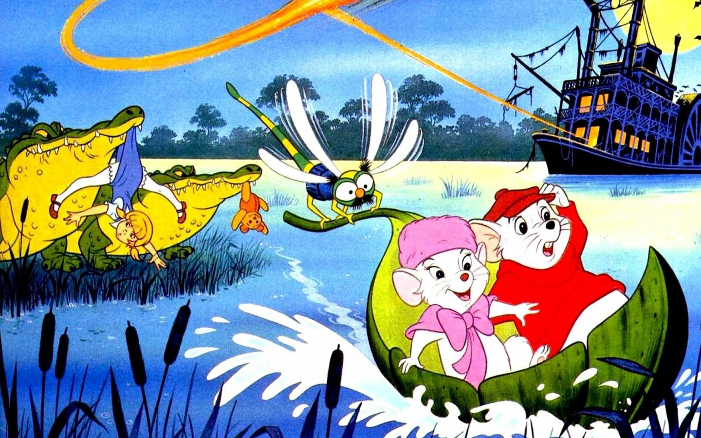 Colorful scene from the movie The Rescuers: two mice in a leaf boat racing through a swamp past a steamboat, pursued by a crocodile and a comical dragonfly.