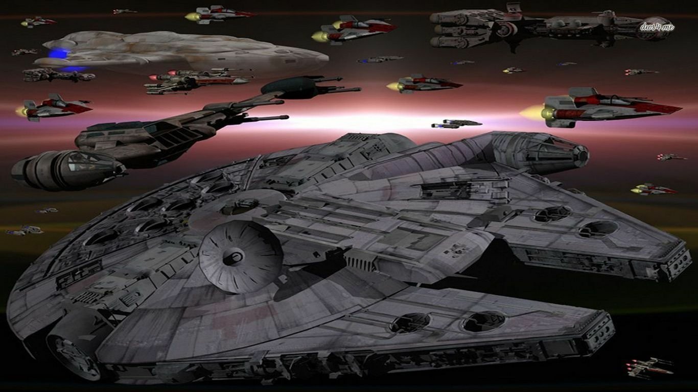 A dynamic scene featuring the Millennium Falcon from Star Wars, surrounded by various spacecraft against a cosmic backdrop, showcasing the iconic movie's adventurous spirit.
