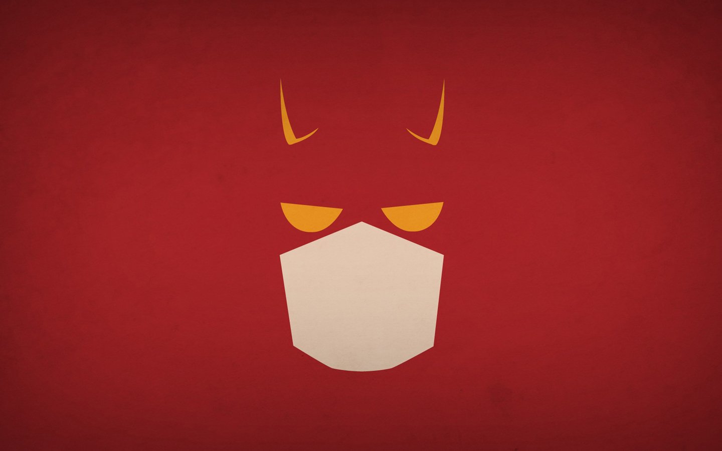 Minimalist comic Daredevil mask on a red background: stylized yellow eye slits, small golden horns and a pale lower face shape.