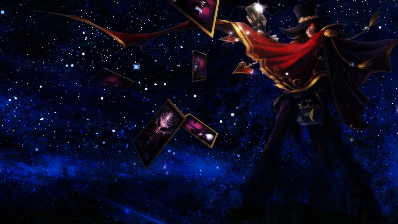 Twisted Fate from League of Legends manipulates glowing cards against a starry cosmic backdrop in this dynamic video game artwork.