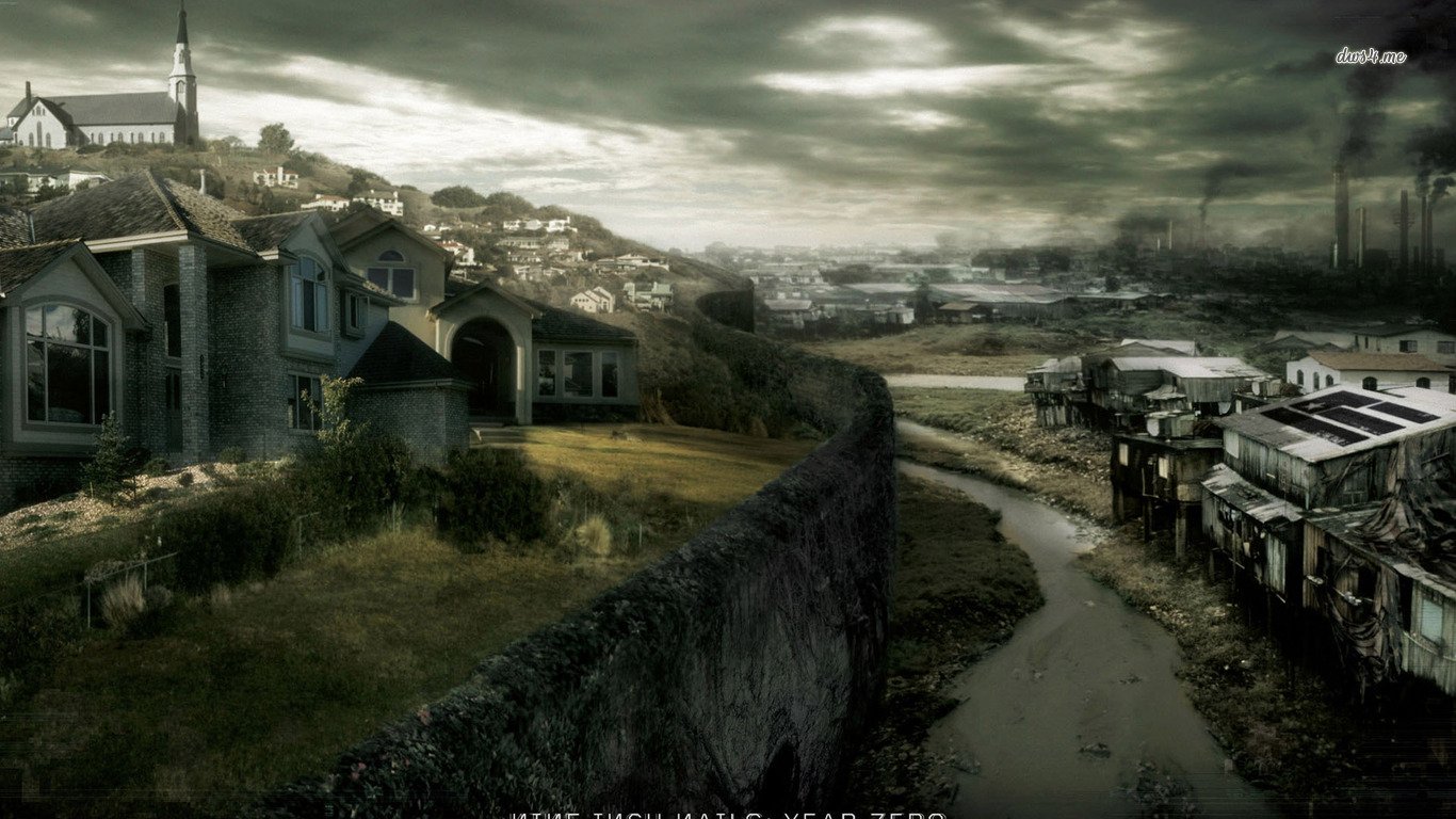 A dark, moody landscape with a river dividing a residential area and industrial buildings, evoking themes often associated with Nine Inch Nails' music.