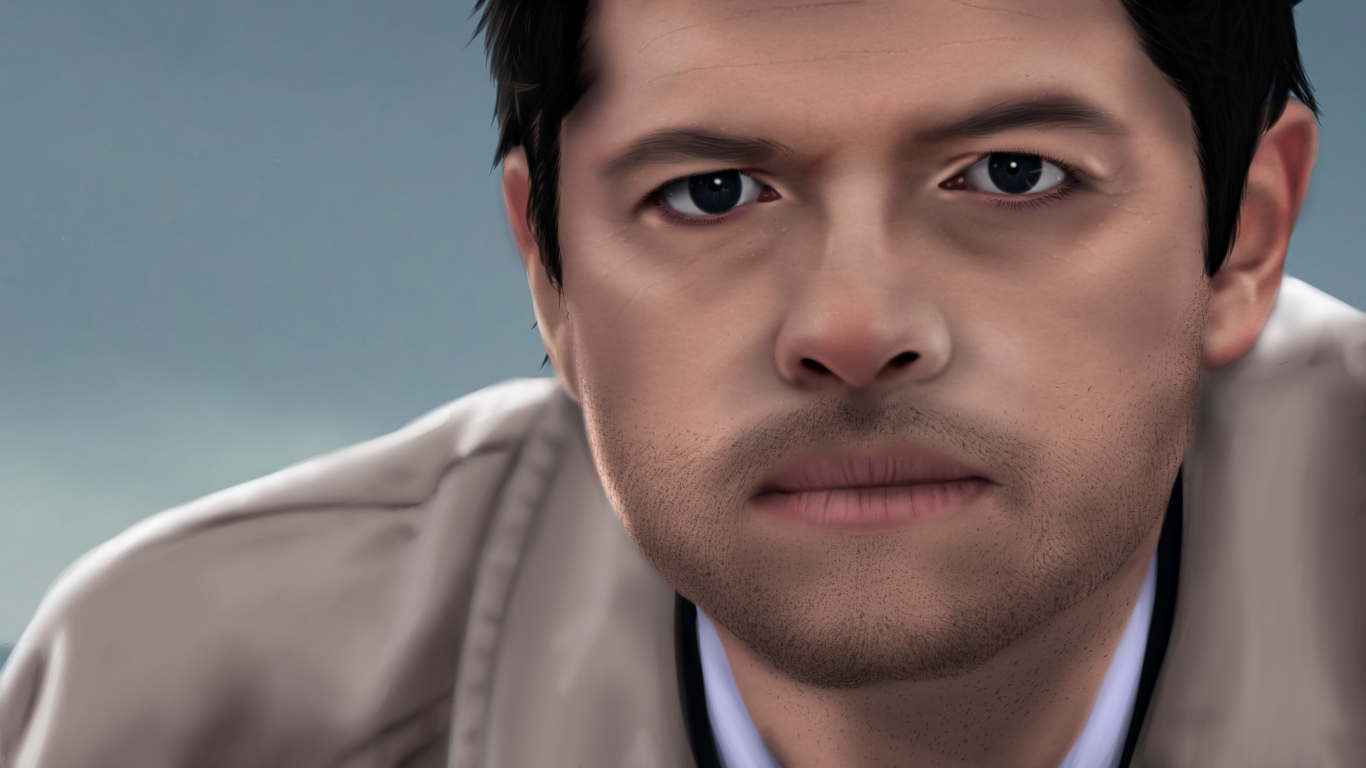 A close-up of Misha Collins as Castiel from the TV show Supernatural, featuring the angel's distinctive expression and signature trench coat against a blurred background.
