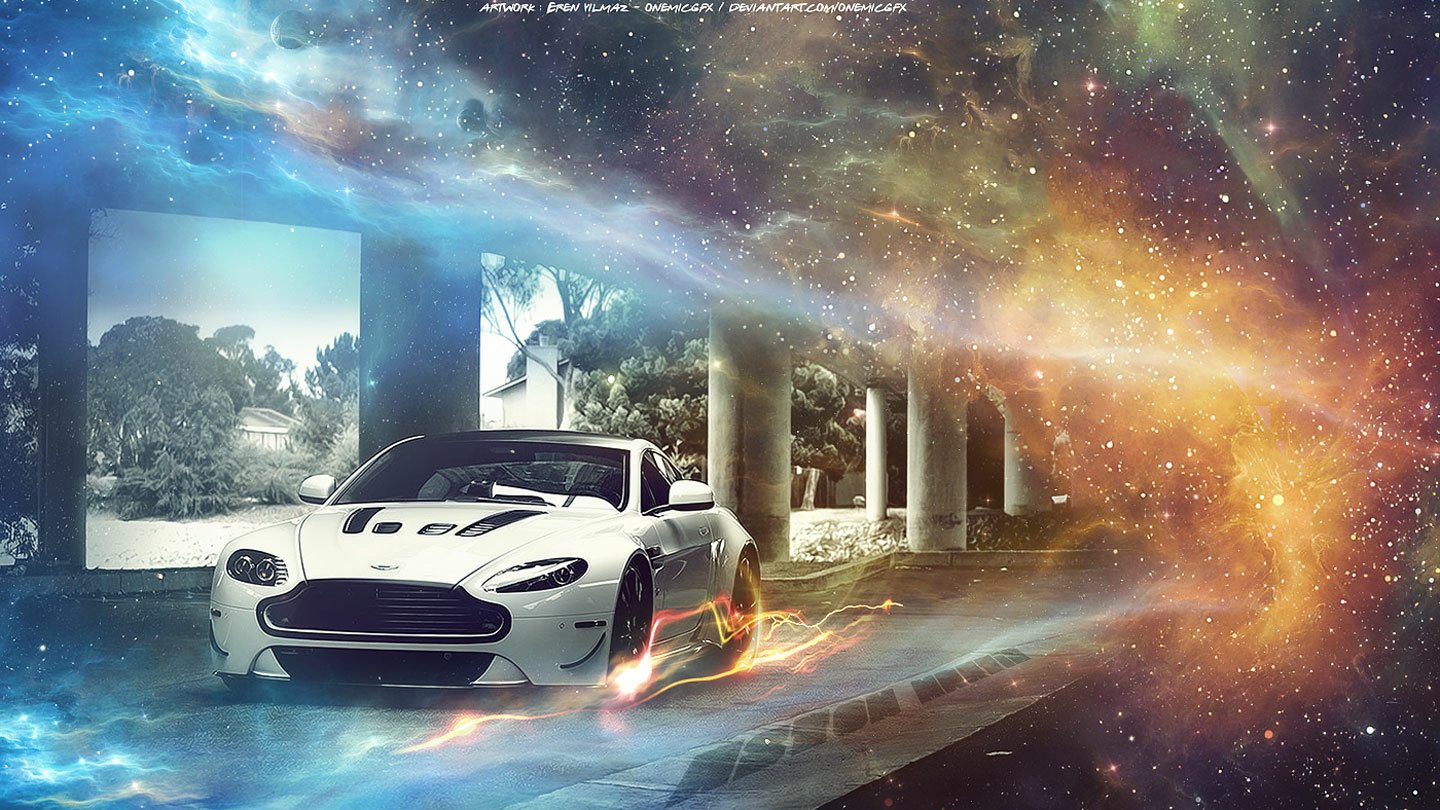 A white Aston Martin vehicle parked in a modern setting, surrounded by a vibrant cosmic and galaxy-themed light effect.