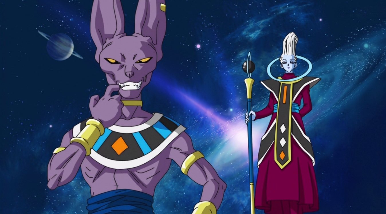 Whis and Beerus from Dragon Ball Super stand against a cosmic background, showcasing their unique designs and powerful aura in this vibrant anime scene.