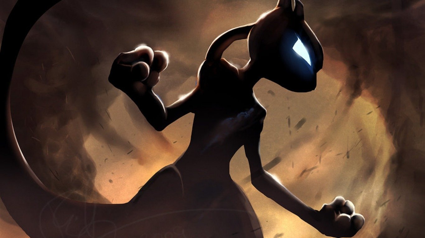 Mewtwo, a powerful Pokémon, stands in a dramatic pose amidst swirling shadows, showcasing its iconic features and intense energy from the video game series.