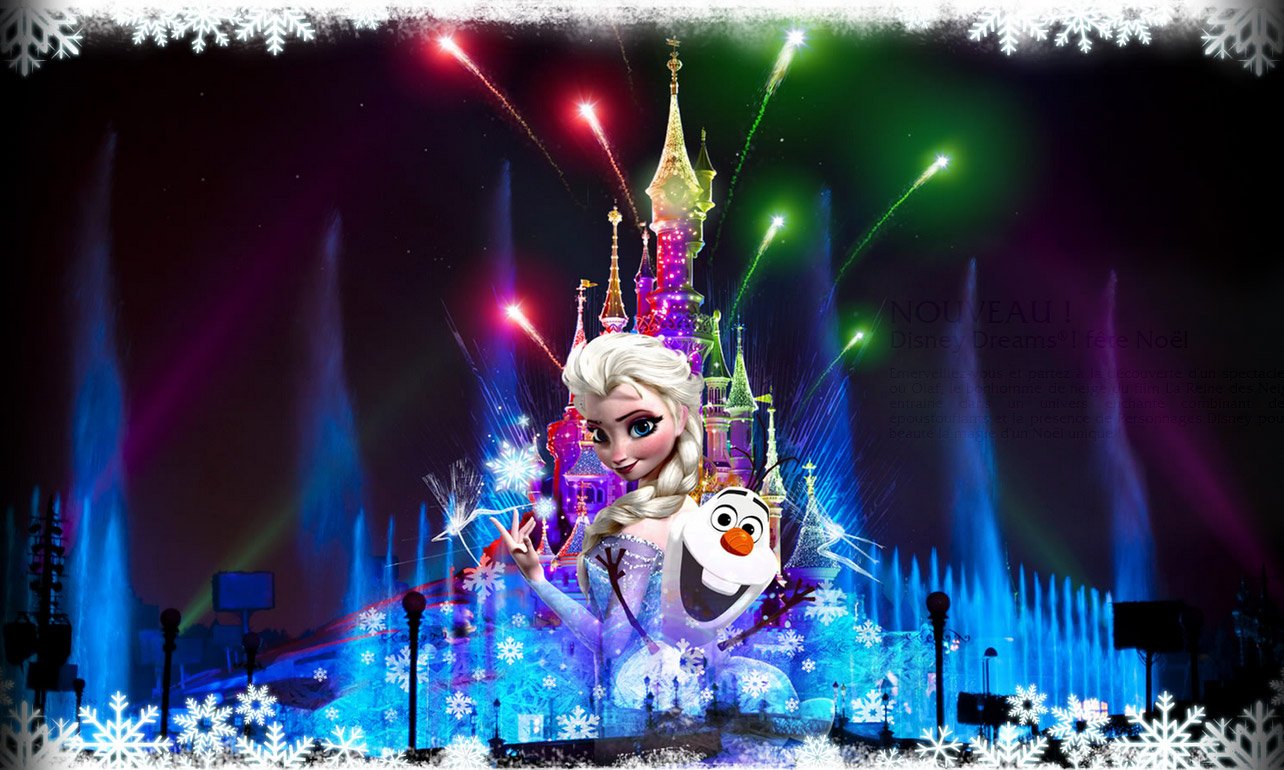 A vibrant scene of Disneyland featuring a fantastical castle illuminated by colorful fireworks, with Elsa and Olaf from Disney's Frozen celebrating the magic of the moment.