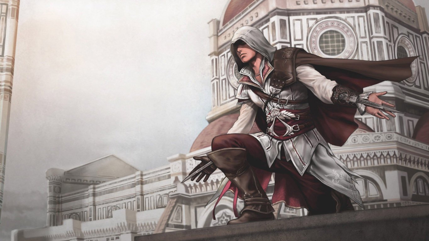 Video game character Ezio Auditore from Assassin's Creed II crouches on a rooftop overlooking Renaissance Florence with the Duomo visible behind him.