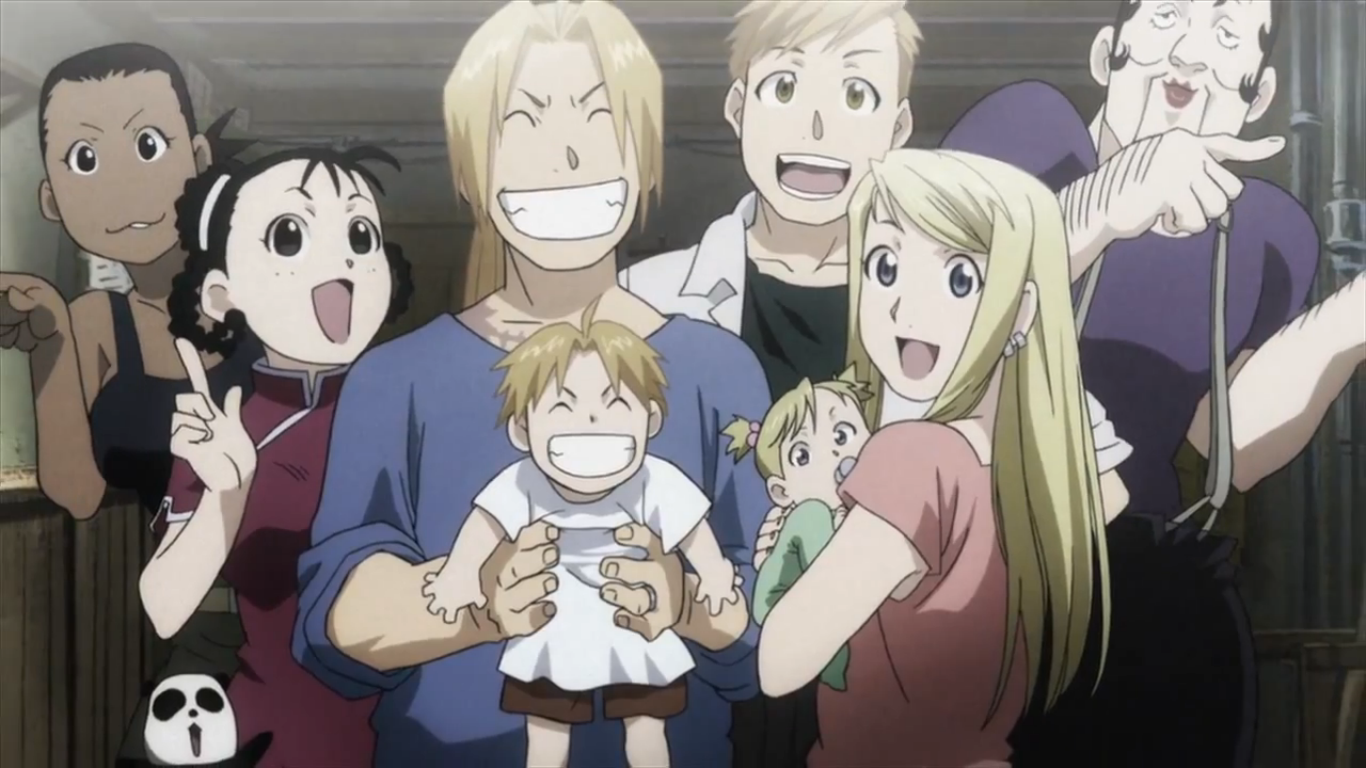 A joyful group from Fullmetal Alchemist, featuring Edward Elric, Alphonse Elric, Winry Rockbell, May Chang, Shao May, and others, smiling together in a warm, memorable moment.